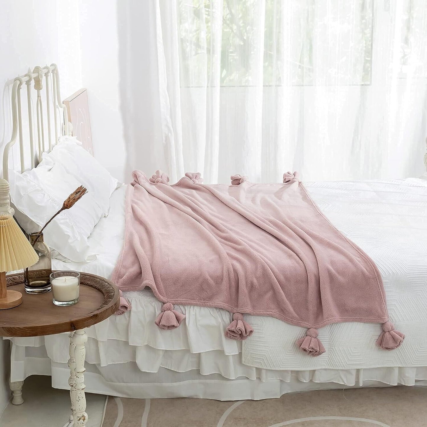 Amelie Home Velvet Throw Blanket with Knot Fringe Rose Pink 50" x 60"