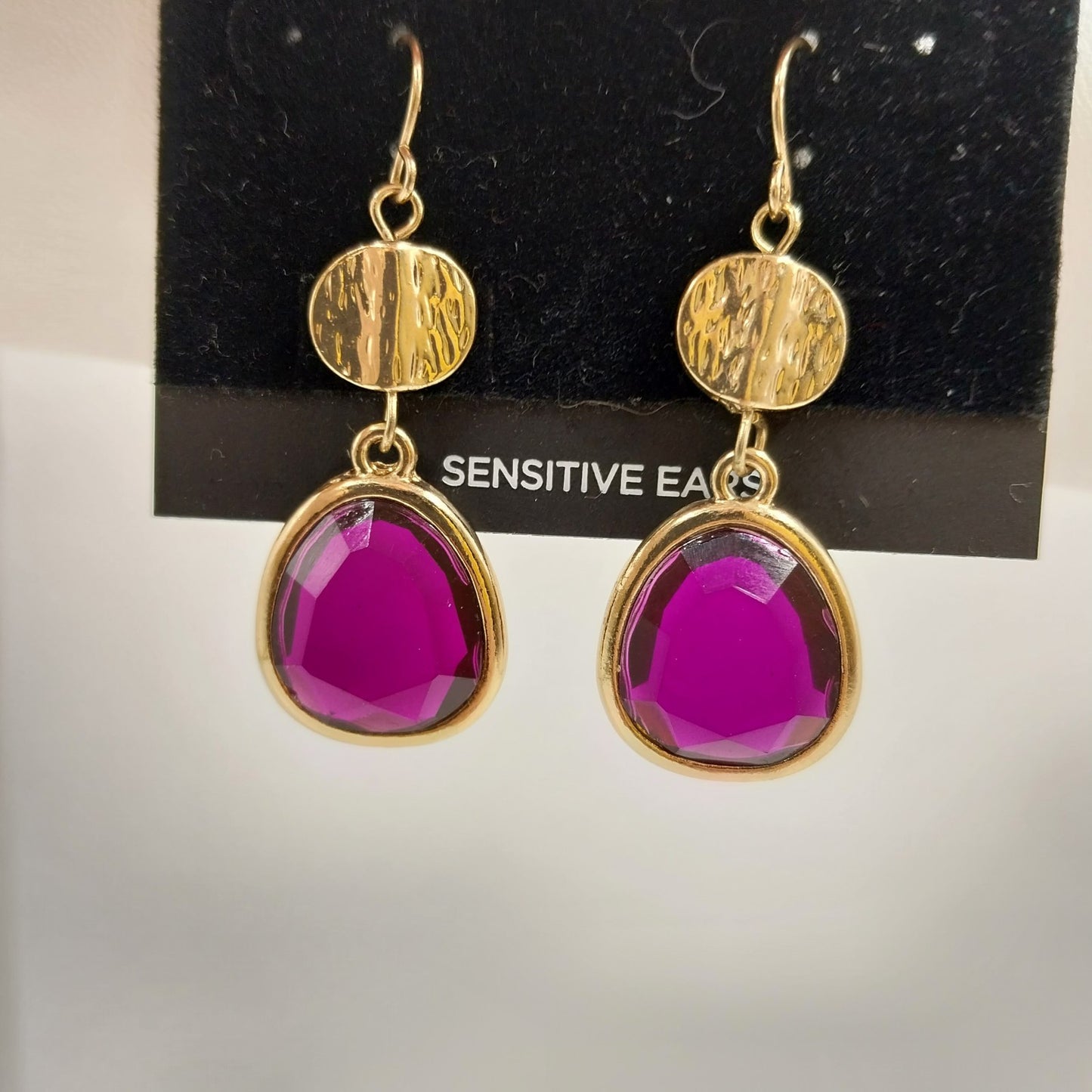 Catherines Earrings Garnet Gold Tone Disc with Purple Rhinestone Dangle 1.5"