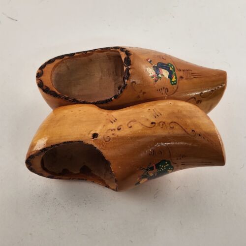 Pair Wooden Shoes Wall Hanging Small Dutch Holland Carved Planters 2 Pc 1960s