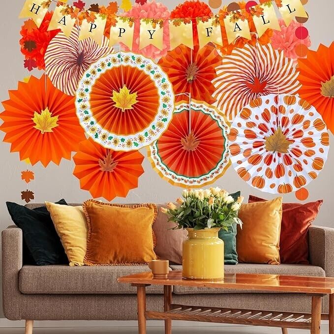 Winlyn 21 Pc Fall Party Decor Set – Orange Paper Fans & Garland Autumn