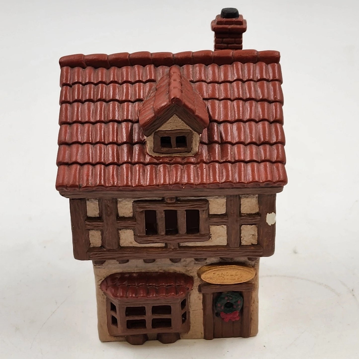 Hand Painted Illuminable Ceramic Candle Shop Christmas Village Winter Chipped