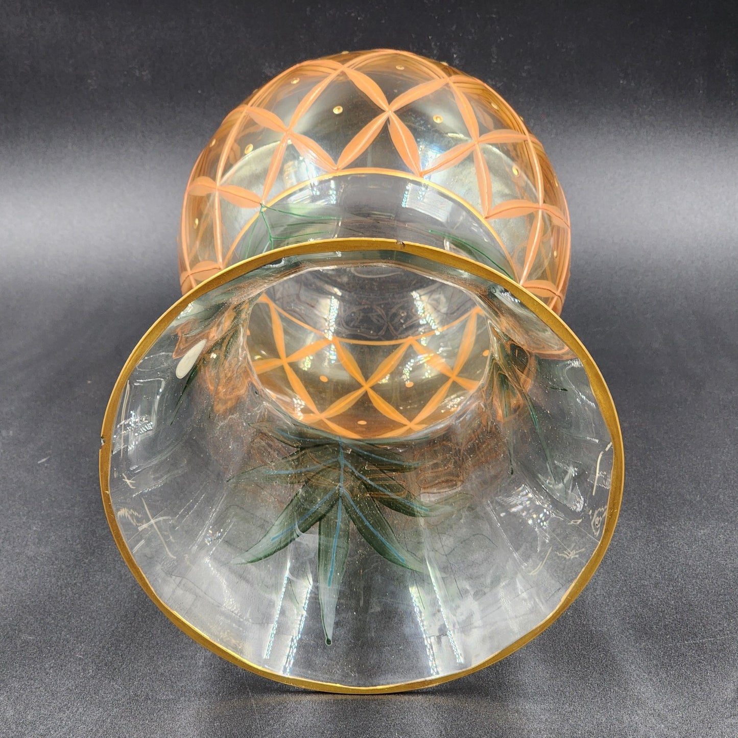 Romanian Vase Clear Crystal Hand Painted Art Glass Pineapple Design Gold Trim