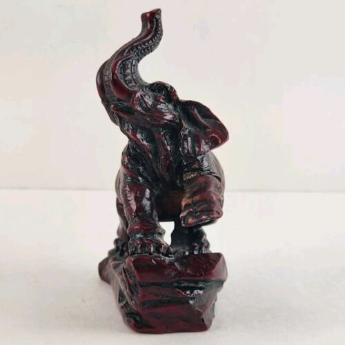 Red Lacquer Resin Elephant Chinese Lucky Figurine Trunk Up for Luck 2.75"x3.75"h