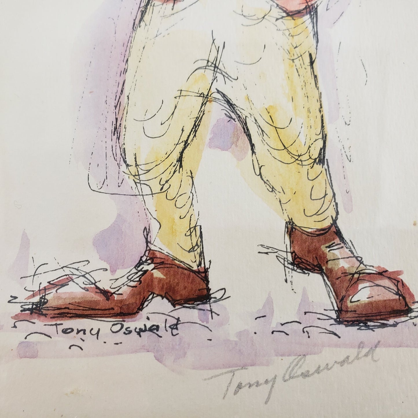 Framed Print Sketch of Clown Playing Horn Orange Watercolor Tony Oswald Signed