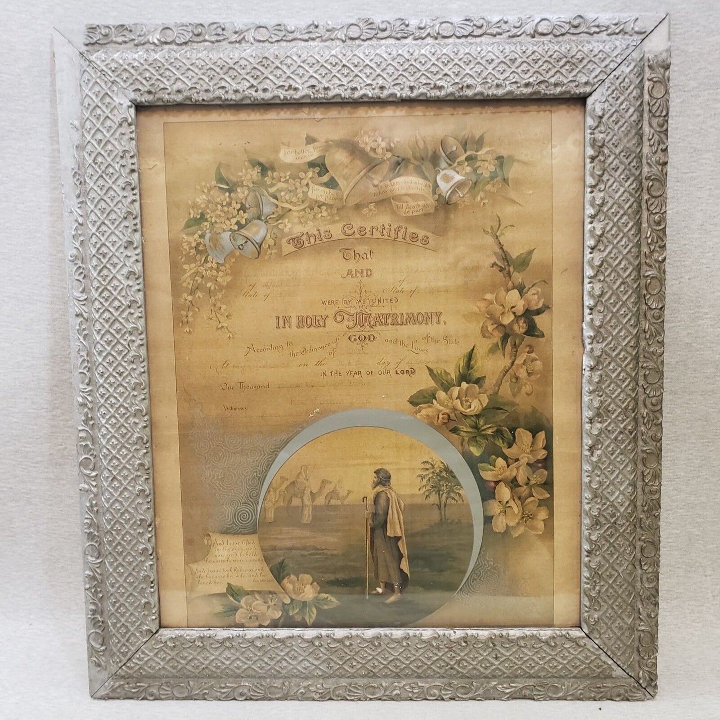 Antique Marriage Certificate Framed Document 1920's Vintage Intricate Frame