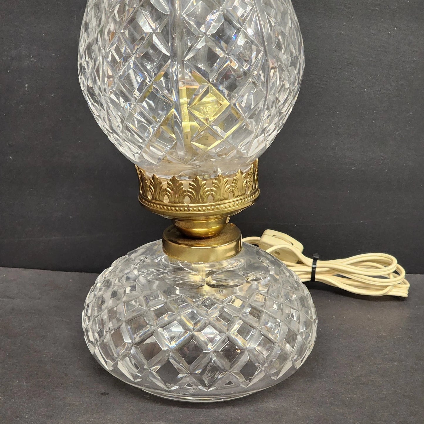 Waterford Crystal Hurricane Table Lamp 13" Tulip Style Clear Glass Brass Accents