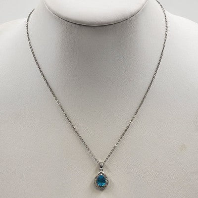 Silver Tone Chain w White Gold Plated Austrian Blue Teardrop Stone Necklace 10"
