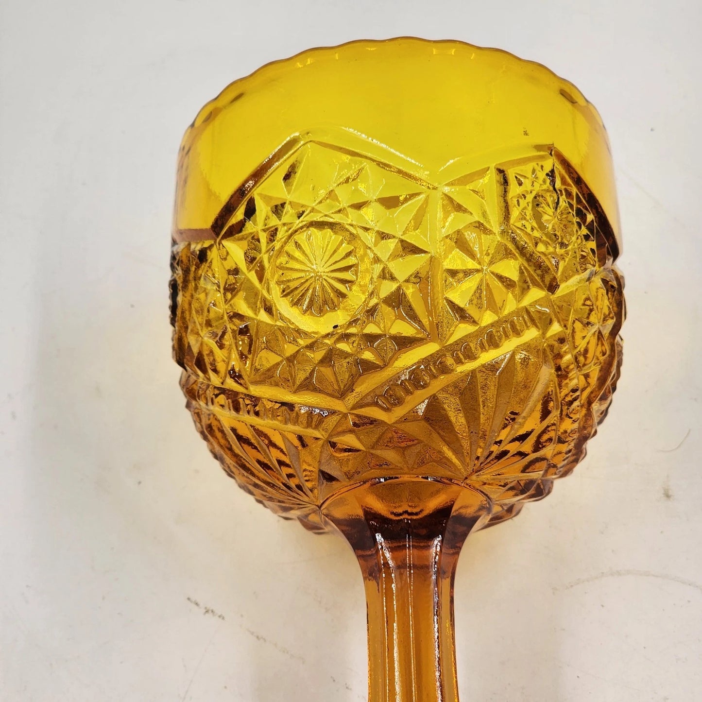 Indiana Glass Hobstar Amber Compote Goblet EAPG Pedestal 8" Vintage Scalloped