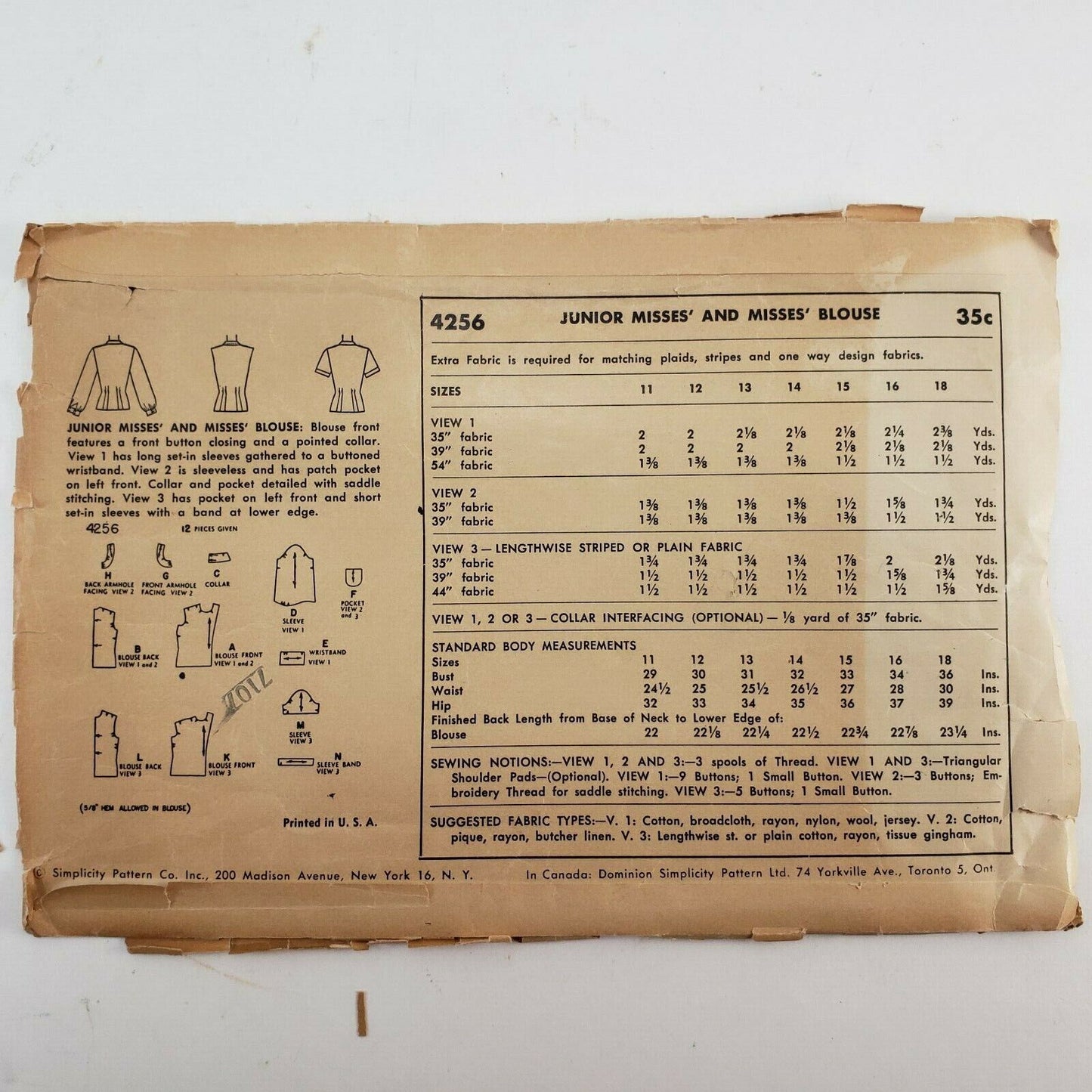 Simplicity Printed Sewing Pattern 4256 Junior Misses Button Down Blouse 1940s