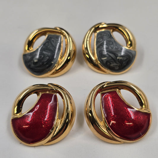 Avon 2 Earrings Gold Tone Burgundy Red Enamel and Marbled Gray Enamel