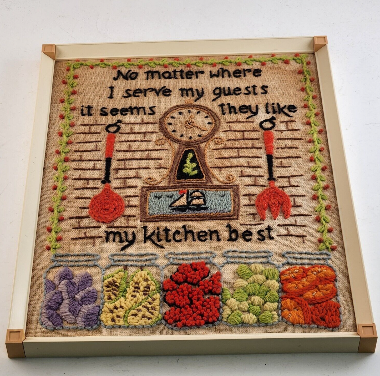 Framed Yarn Needlepoint Crewel Art Retro Kitchen Love 15"x11" MCM 60s Mod