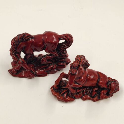 8 Horse Set Qing Feng Chinese Molded Red Resin Horses Sculpture Figurines 3"