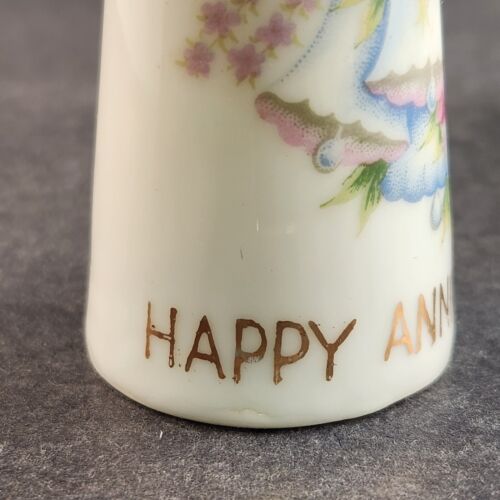 1950s Happy Anniversary Salt Pepper Shakers Set Ceramic Japan Porcelain 3-1/2"