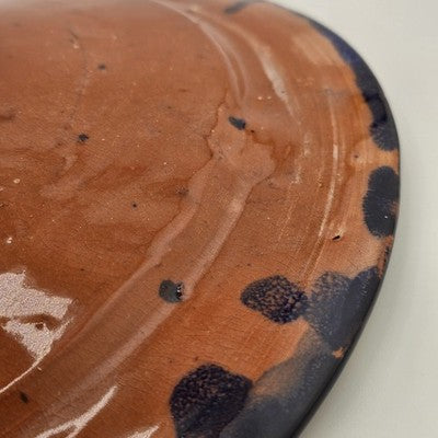 French Ceramic Centerpiece Bowl Cobalt Blue Glaze Silver Hand Carved Shell Inlay