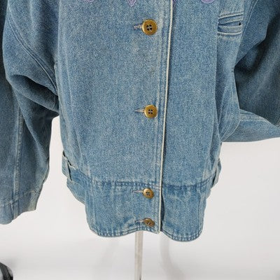 Together! Denim Batwing Jacket Missy S Gold Buttons Lace Trim 1980s Vintage