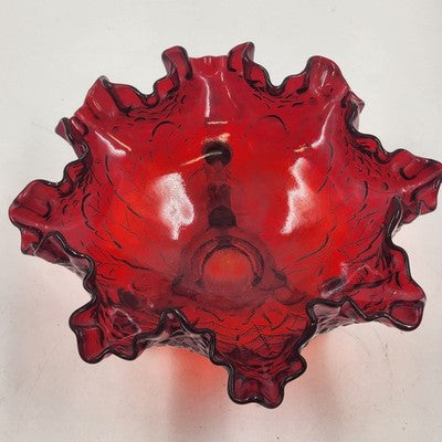 Fenton Ruby Red Glass Bowl 8" Wide Leaf Flowers Footed Dish Ruffled Edge