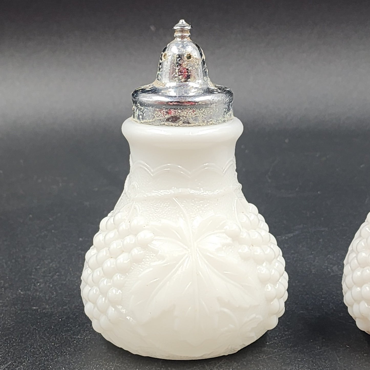 Imperial Milk Glass Grape Vine Pattern Large Salt and Pepper Shaker Set Vintage