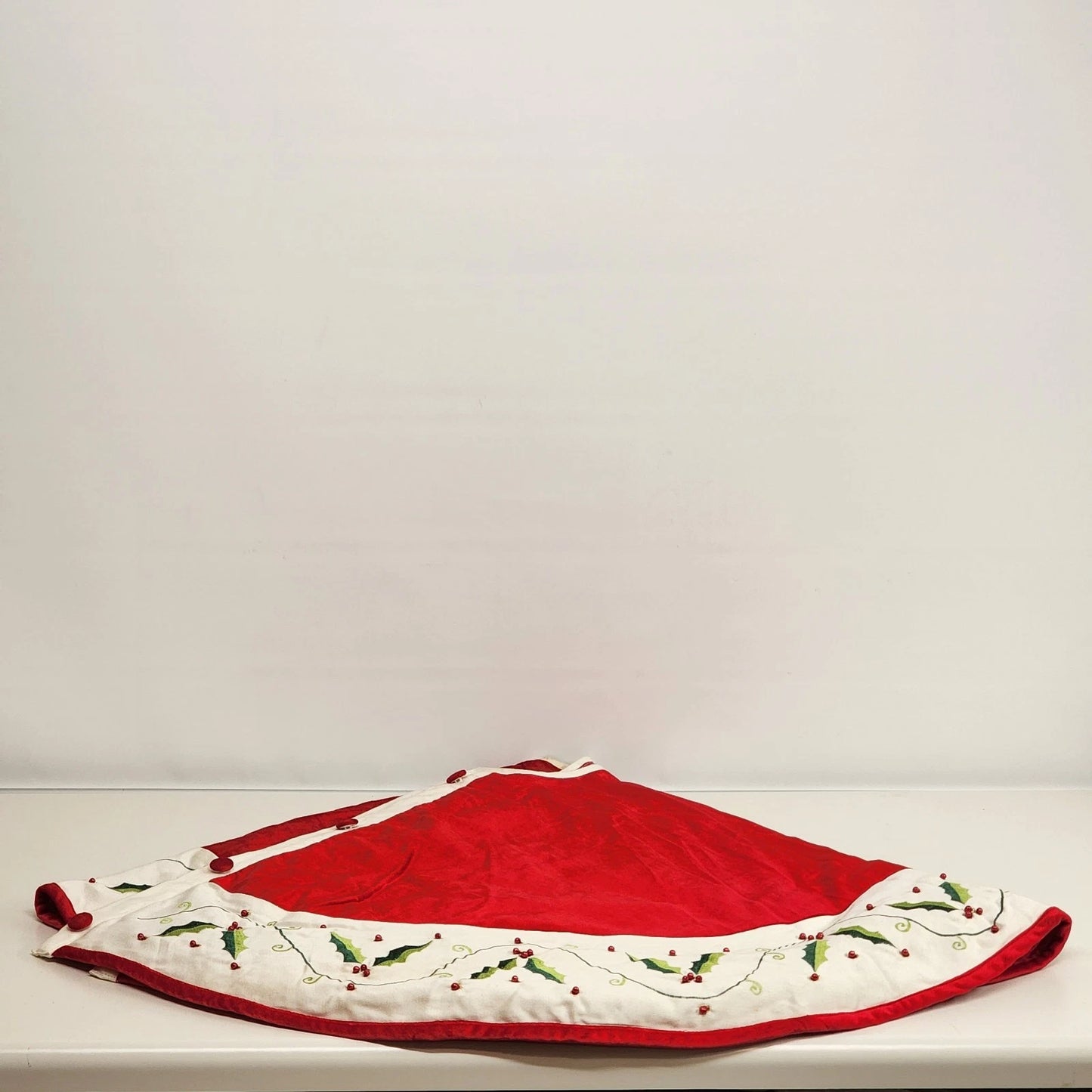 Red Christmas Tree Skirt 48" with Round White Holly Berries Trim Buttons Holiday