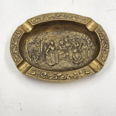 Bronze Brass Ashtray 5.5" Relief Solid Etched Casting Figures Ornate Oval Shape