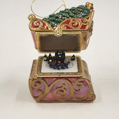 Mr. Christmas Hinged Gold Sleigh w/ Tree Music Box Ornament Ceramic 4.5"