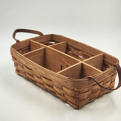 Longaberger Storage Pantry Basket with 6 Wooden Dividers & Leather Handles 1995