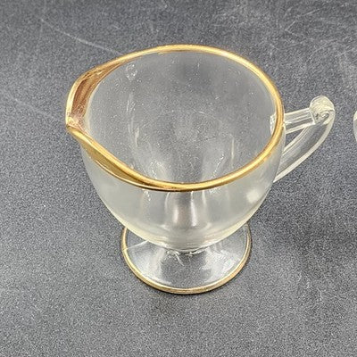 Crystal Clear Glass Sugar Bowl & Creamer 3.25" Gold Gilt Rim Scroll Handle