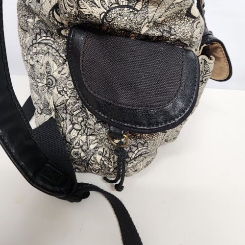 Sakroots Black White Flap Backpack Drawstring Peace Pattern Cotton Leather Trim
