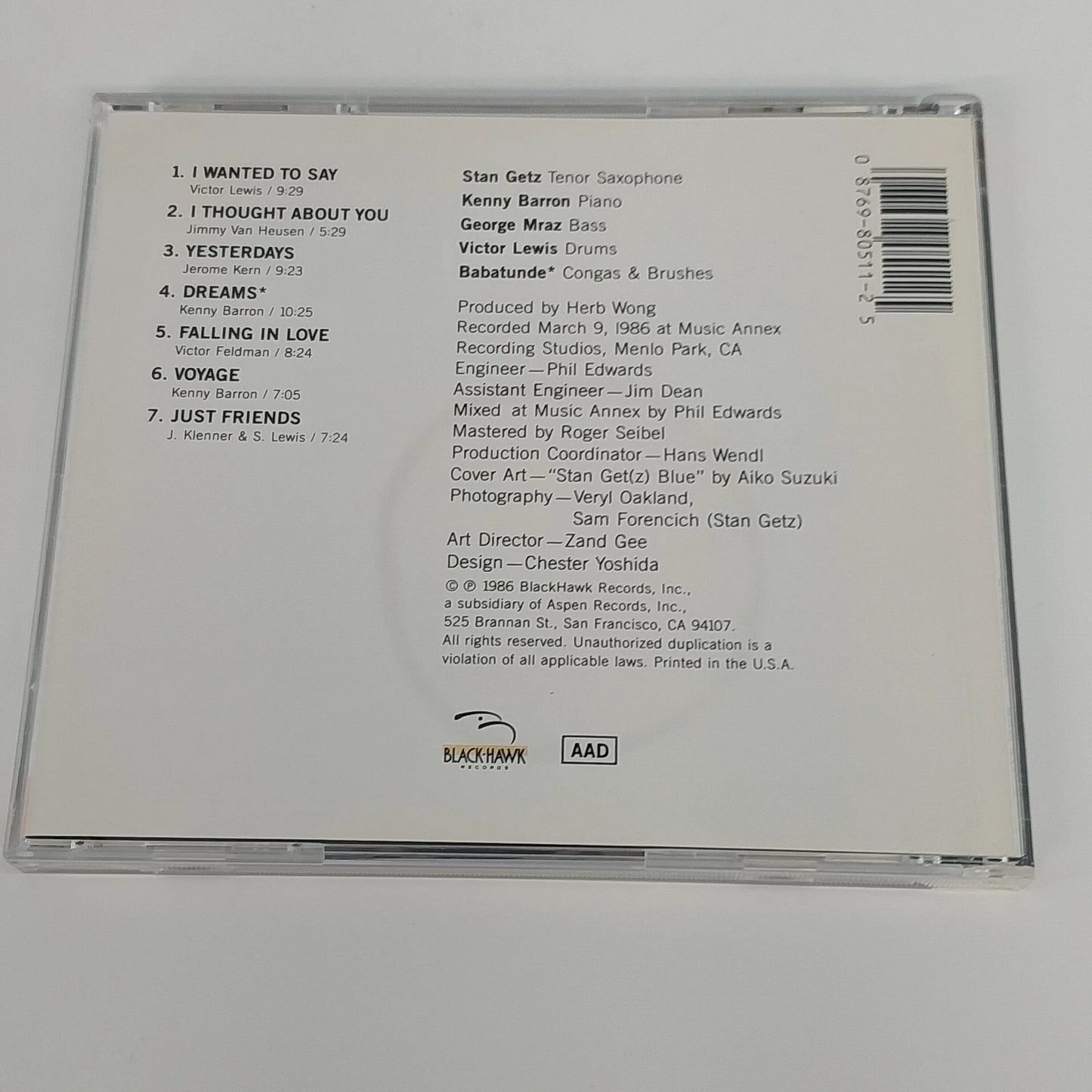 Stan Getz Voyage CD 1986 Jazz Saxophone Album BlackHawk Records 7 Tracks Jewel