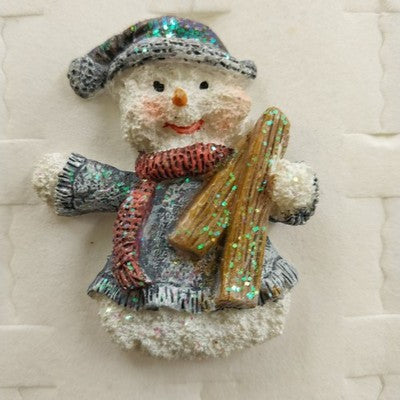 Holiday Snowman Brooch Pin Holding Logs w Neck Warmer Gray Hat Glittery