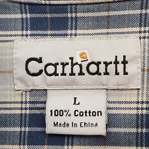 Carhartt Men's Large Long Sleeve Shirt Button Down Blue Tan Plaid 2 Flap Pockets