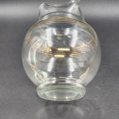 Round Bubble Shape Clear Glass Pitcher with 3 Gold Stripes & Ice Lip 8.5” 1950's