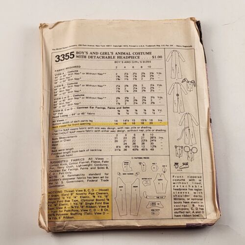 McCall's 3355 Vintage Sewing Pattern Childs Animal Costume with Head Piece Cut