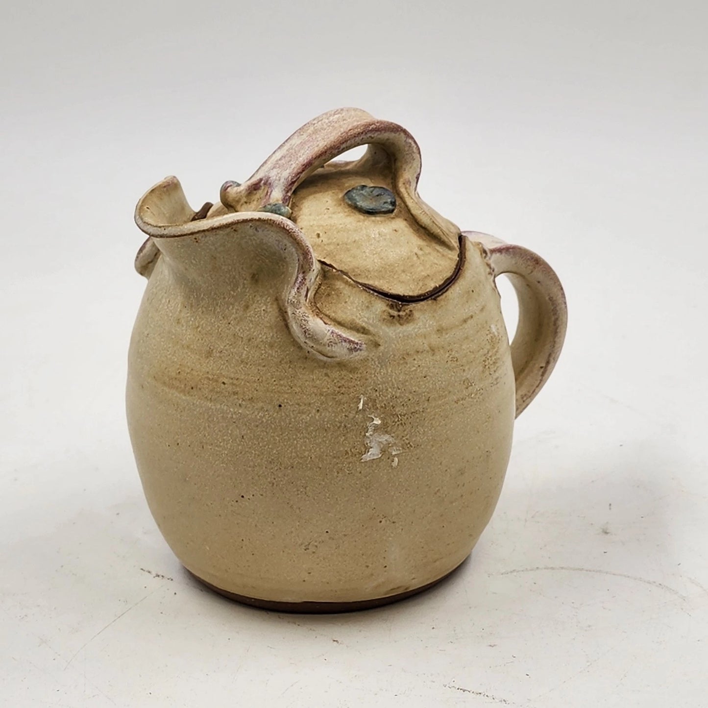 Pouty-Faced Teapot Pottery 5.25" Beige Artisan Studio Art Whimsical Rustic