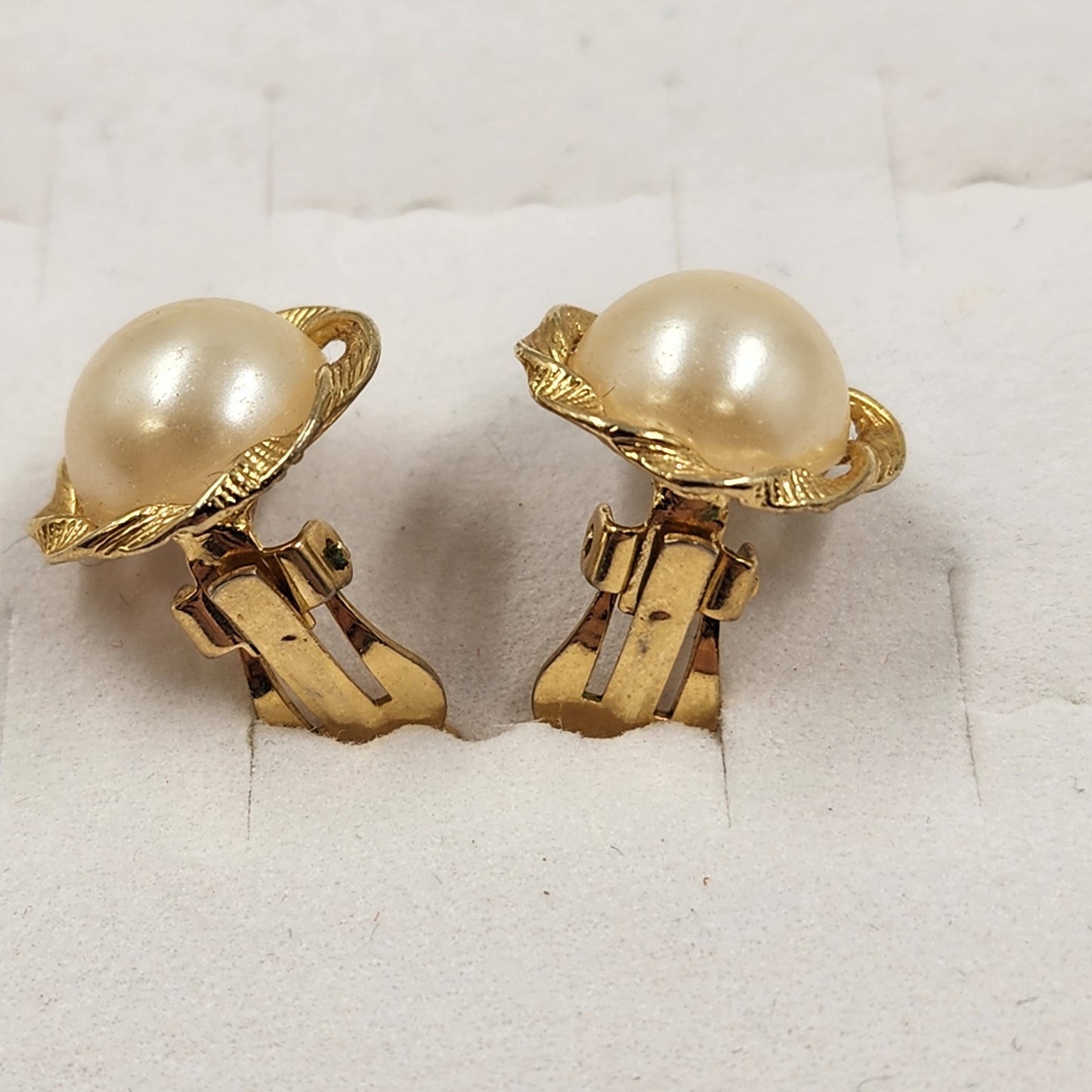 Gold Tone Clip Earring with White Faux Pearl Half Dome & Twist Design 0.5”