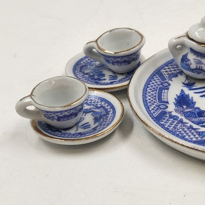 Collectible Miniature Tea Set Blue Chinese Willow Tree w/ Box Home Decor