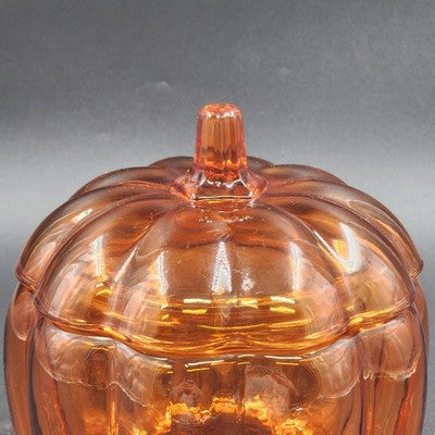 Orange Glass Pumpkin Shape Cookie Jar Candy Dish with Lid Anchor Hocking