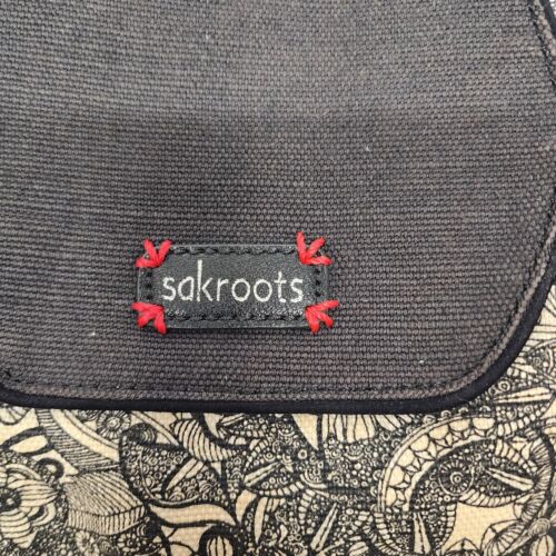 Sakroots Black White Flap Backpack Drawstring Peace Pattern Cotton Leather Trim