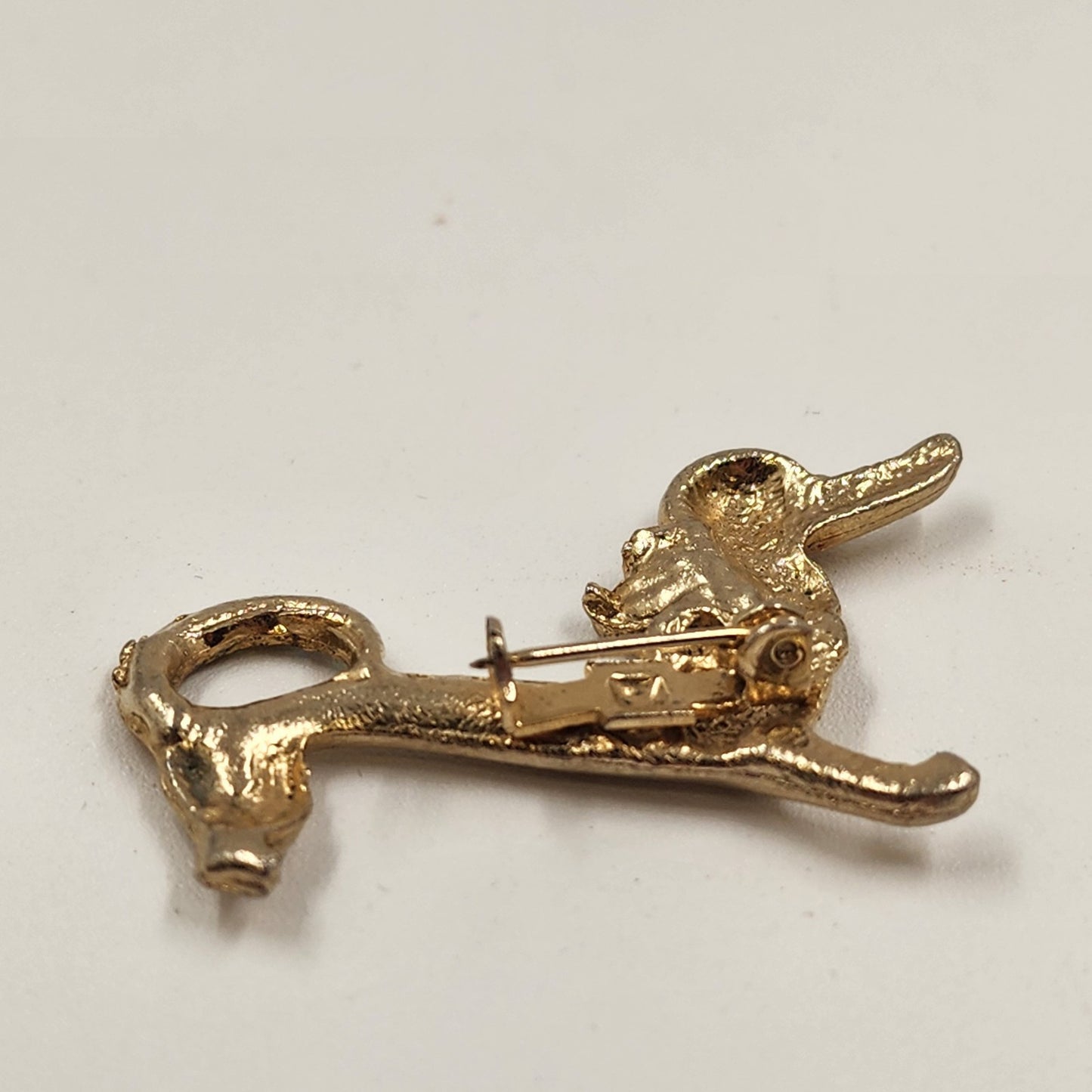 Dachshund Dog Gold Tone Brooch Badge Pin w/ Red Eyes Crystal Clear Rhinestone 2"