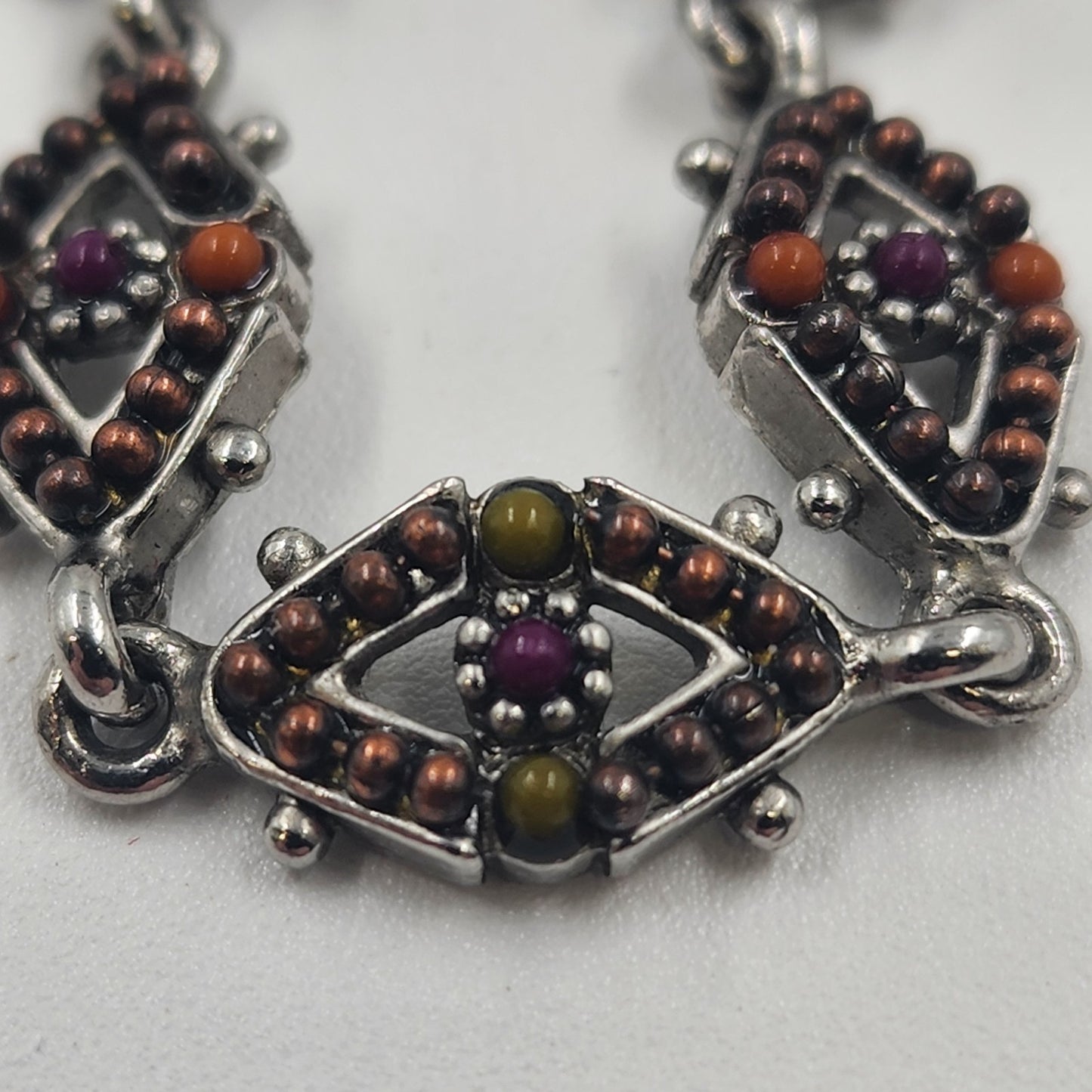 Diamond Chain w/ Orange Brown Beaded Quartz Silver Tone Magnetic Bracelet 7"
