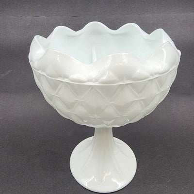 Indiana Milk Glass Pedestal Bowl 7"d x 9" Duette Pattern Quilted Ruffled