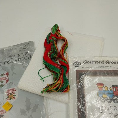 Set of 2 Counted Cross Stitch Kits Banner Christmas Ornaments & Right Track Kit