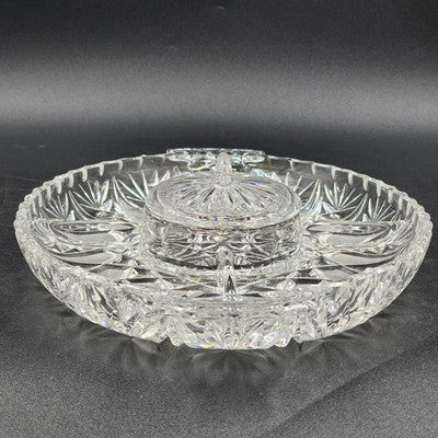 Brilliant Cut Glass Oval Divided Veggie Tray Stars Lines Scallop Edge Center Lid