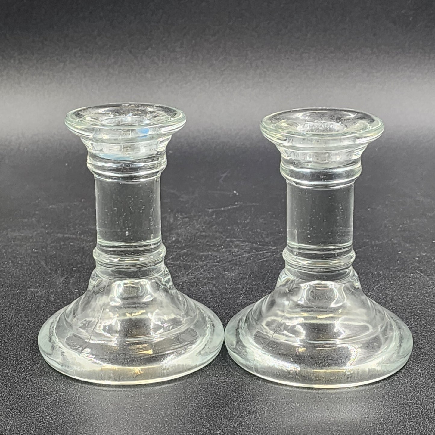 2 Heavy Clear Glass Candlestick Holders Pillar Round Height Choice Poland Vtg