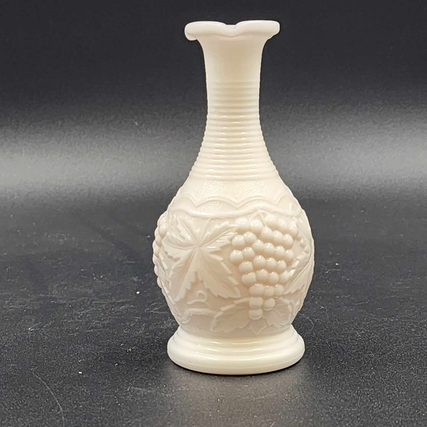 Imperial White Milk Glass Bud Vase Grape Pattern 6" Tall Rings Neck Vintage USA