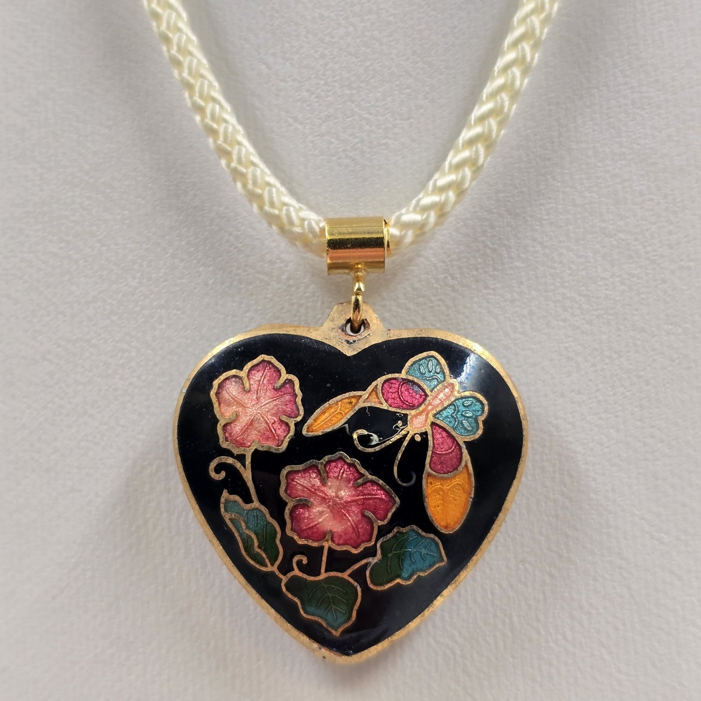 Necklace w/ Double Sided Puffy Heart Cloisonne Pendant in White Corded Chain 12"