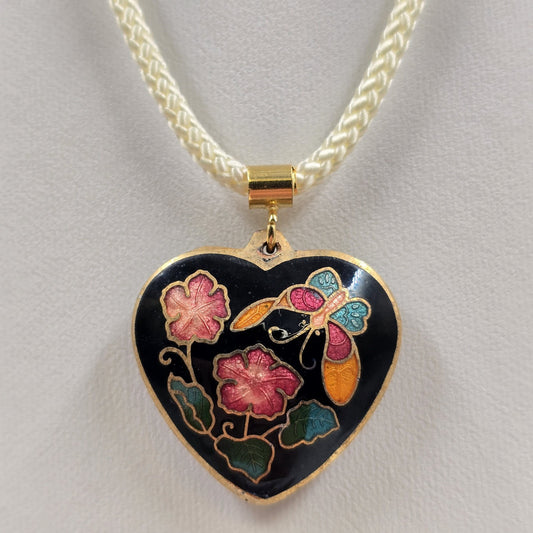 Necklace w/ Double Sided Puffy Heart Cloisonne Pendant in White Corded Chain 12"