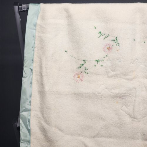 Baby Blanket Appliqued Embroidered Lamb & Flowers Blue Satin Edging 38" x 28"