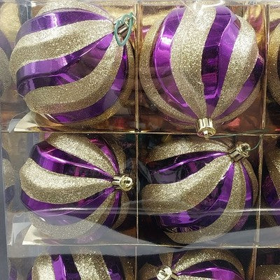 9 pc Purple Gold Swirl Balls Shatterproof Christmas Ornaments Gold Glitter 3.75"