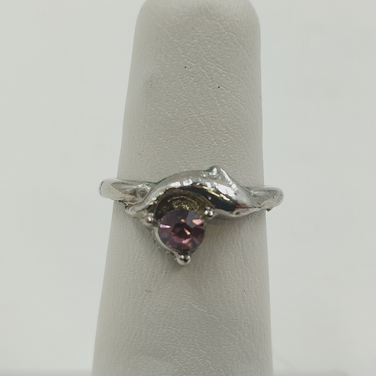 Pink Rhinestone Pinky Ring Sz 4.5 Silver Tone Setting w/ Box