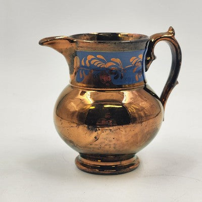 Copper Lusterware Small Creamer Pitcher Bronze & Cobalt Blue Band Floral 5.5"x3"